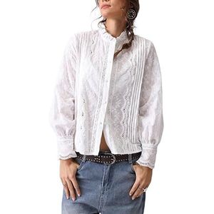 OHERUWKLS Dames Trendy Katoenen Opstaande Kraag Kant Lange Mouw Mesh Knoopsluiting Casual Top,Wit,L