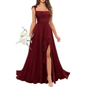 Dames chiffon bruidsmeisjes jurken met split lange galajurken ruches cocktailjurk plus size, Bordeaux, 32