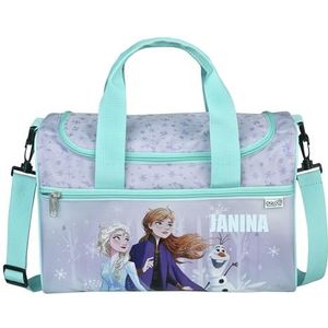Disney Frozen Kleine sporttas voor kinderen, gepersonaliseerd met naam, reistas, kindertas voor meisjes, 2 vakken met schouderriem, Pastel turquoise rozen