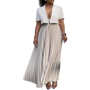 LoprNsdgt Dames Elegante Effen Kleur Korte Mouw Veterjas Geplooide Maxi Rok Sets Bruiloft,Khaki,L