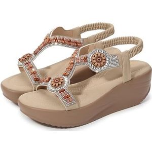 Xytraiihw Dames Platform Wedge Heel Sandalen, Mode Elegante Sandalen met Hak met Elastische Band Slippers Open Teen Zomerschoenen Grote Maat Strandschoenen voor Bruiloft Prom Party,Beige,36 EU