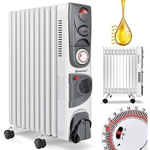 KESSER® Olieradiator, elektrische verwarming met 11 ribben, 2500 W, met ventilator, elektrische verwarming, mobiele timer, automatische uitschakeling, traploze temperatuurregeling,