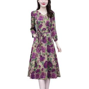 Pegsmio Vrouwen Bloemen Zijde Prom Kleding Lente Herfst V-hals Lange Jurk Elegante Bodycon Party Midi Jurk, Paars, XXL