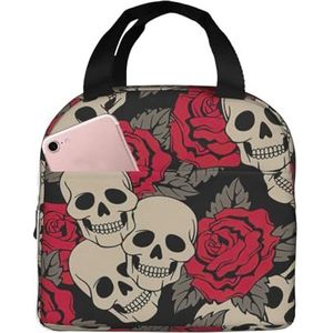SUUNNY Zwarte schedel met rozen print herbruikbare geïsoleerde lunchtas draagtas reizen lunch draagtas voor werk, picknick, camping