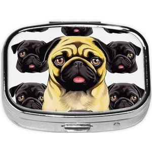Zwart Geel Pug Print Pillendoos Vierkante Pillendoos 2 Compartiment Kleine Metalen Geneeskunde Organizer Draagbare Reizen Pillendoos voor Pocket Purse Leuke Mini Pil Container om Dagelijkse Vitamines