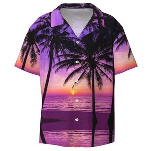 Palmbomen bij zonsondergang print heren korte mouw overhemden met zak casual button down shirts business shirt, Zwart, M