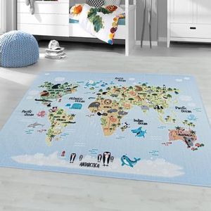 Muratap Play Wereldkaart Vloerkleed Kinderkamer Blauw - Speelkleed Laagpolig Tapijt Kinderkamer Leerzaam Kleed Wereld Landen Dieren Jongens Meisjes - Maat: 200x140 cm