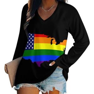 US Gay Pirde Regenboog Kaart Vlag Vrouwen Casual Lange Mouw T-shirts V-hals Gedrukt Grafische Blouses Tee Tops 5XL