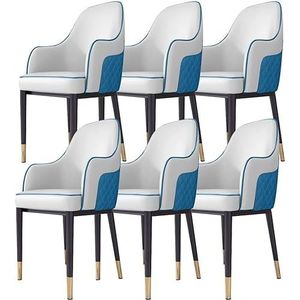 AviiSo Modern design eetkamerstoelen set van 6, gestoffeerde rugleuning stoel, faux lederen zijstoelen met metalen poten voor woonkamer slaapkamers (kleur: wit blauw)