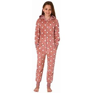Normann Behaaglijk warme meisjes jumpsuit pyjama overall van coral fleece in stippen look, roze, 176