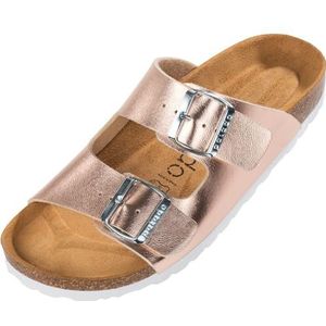 Palado Korfu Damesslippers, modieuze sandalen met 2 verstelbare riemen, herenpantoffels met zool van het fijnste suède en voetbed van natuurlijk kurk, metallic roze, 40 EU