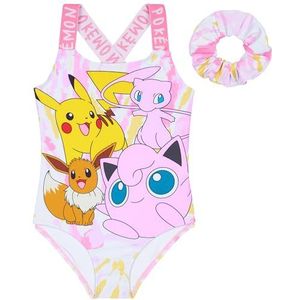 Pokemon Badpak voor meisjes, badpak met haar, scrunchie, Pikachu, eendelig voor kinderen, tieners, anime-badmode voor zwembad, strand, vakantie, essentials, roze, 7-8 jaar