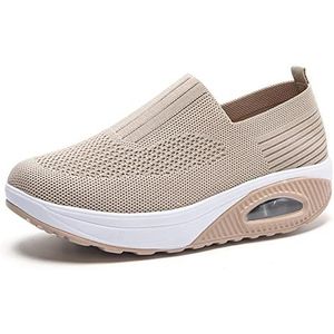 Vrouwen Air Kussen Slip-On Wandelschoenen, Comfortabele Mesh Ademende Knit Mode Sneakers, Lichtgewicht Dikke Bodom Running Schoenen(Size:36 EU,Color:beige)