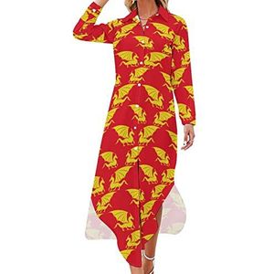 Yellow Dragons on A Red Maxi-jurk voor dames, lange mouwen, overhemd met knopen, casual feestjurk, lange jurken, 2XL