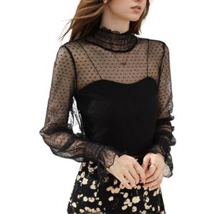 EMOTTOS Dames kanten crop tops voor dames, Y2K bloemen/polkadots, doorschijnend mesh bovenstuk, ruches, half-hoge nek, stijlvol clubparty, sexy doorzichtig bovenstuk, 2 stijlen, zwart/wit, M-XL,