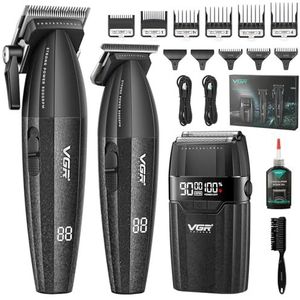 VGR 640 S3 Tondeuse voor Mannen, Oplaadbare Haarknipset, Professionele Fade Trimmer en Foil Scheerapparaat Set, Draadloze Haarverzorgingsmachine met LED Display voor Barbers en Thuisgebruik, Zwart