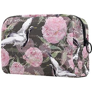 Abstracte Aquarel Schilderen Lente Paarse Bloemen Reizen Make-up Tas Grote Cosmetische Tas Make-up Case Organizer Rits Pouch voor Vrouwen Meisjes, Aquarel Kraan Vogels Pioenroos Bloemen, 18.5x7.5x13 cm/7.3x3x5.1 inch, Tas Organisator