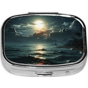 Kleine Pillendoos Draagbare Pillendoosje 2 Compartimenten Metalen Pil Vitaminen Houder Organizer Leuke Zee Maan Reizen Pillendoos voor Portemonnee Pocket