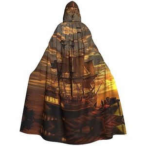 LAMAME Fantasie piratenschip gedrukt Unisex Hooded Halloween mantel volwassen lange cape gewaad Halloween Kerstmis kostuum