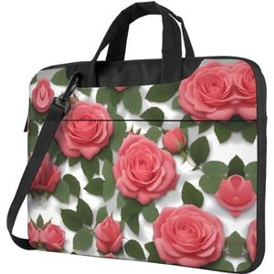 Mooie roze rozen zakelijke laptoptas, lichtgewicht meerlaags ontwerp, perfecte bescherming voor uw computer, ritsontwerp, schokbestendige voering, 33 cm, Zwart, 13 inch