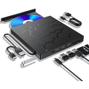 Externe CD/DVD-drive, ultraslanke CD-brander USB 3.0 met 4 USB-poorten en 2 TF/SD-kaartsleuven, optische schijfdrive for laptop, Mac pc