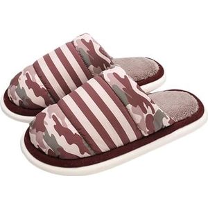 JadeRich Vrouwen Mannen Gestreepte Pluche Voering Gezellige Slippers Paar Stijl Gewatteerde Lichtgewicht Antislip Huisschoenen, Camo Bruin, 2/3 UK