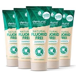 dentural Naturkosmetik Tandpasta zonder fluoride met muntsmaak, fluoridevrije tandpasta met 5-voudige bescherming voor een frisse adem, zonder microplastic, (5 x 75 ml)