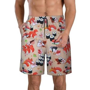 JIAWUJYNB Heerlijke strandshorts voor heren, met sushi-print, lichtgewicht, sneldrogend, met trekkoord en zakken, Wit, L