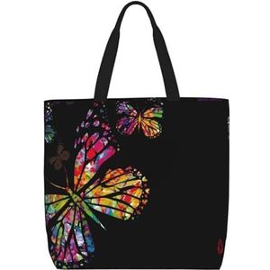 ZaKhs Kleurrijke vlinder Print Vrouwen Tote Bag Grote Capaciteit Boodschappentas Mode Strand Tas Voor Werk Reizen, Zwart, Eén maat