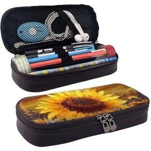 KLLTYHMU Lederen Etui Organizer Grote Capaciteit Potlood Pouch Opbergtas Met Compartimenten Leuke Potlood Tas Gouden Zonnebloem Pen Doos Draagbare Cosmetische Make-up Tas Organizer, Gouden Zonnebloem