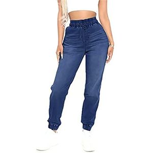 MIXOF Dames korsetjeans met rechte pijpen en zakken, trekkoord, elastische taille, joggingbroek met hoge taille, donkerblauw, L