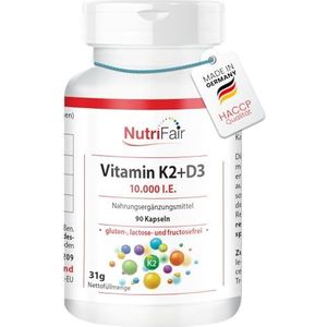 Vitamine K2 + D3 10.000 I.U. - 90 Capsules - Hoge Dosis - 100% Veganistisch - Duitse Productie & Laboratoriumtests - NutriFair | Premium & Fair