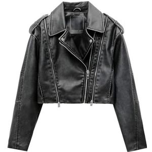 Suiting Style Zwarte Motorfiets Echt Leer En Imitatie Lederen Bijgesneden Korte Body Jacket - Zwart Leren Jas Dames, Zwart, XL