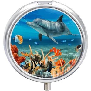 Dolfijnen Blauwe Pillendoos 3 Compartimenten Reisgeneeskunde Pil Organizer 3x A Day Draagbare Vitamine Organizer met Spiegel Kleine Pillendoos voor Portemonnee & Pocket Leuke Dagelijkse