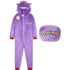 Pokemon Pyjama uit één stuk voor jongens, tieners, Gengar, Snorlax fleece jumpsuit, loungewear pyjama's met ritssluiting aan de voorkant, cadeaus voor jongens, Paarse Gengar, 7-8 jaar