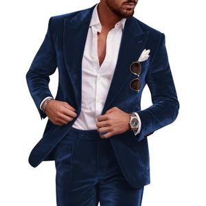 Fluwelen smokingpak voor heren, slanke pasvorm, 2-delige platte fleece jas, broekpak met piekrevers, marineblauw, 5XL