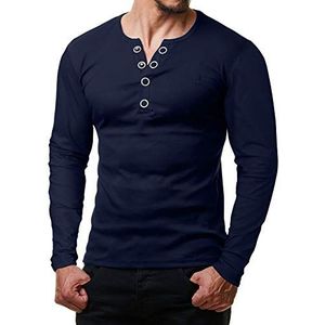ReRock by Young & Rich T-shirt voor heren, lange mouwen, knoopsluiting, V-hals, Henley shirt, slim fit met grote knopen, serafino shirt, donkerblauw, M
