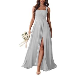 KURFACE Chiffon bruidsmeisjesjurken met split ruches lange bruidsmeisje vloerlengte formele avondjurk, Zilver, 32