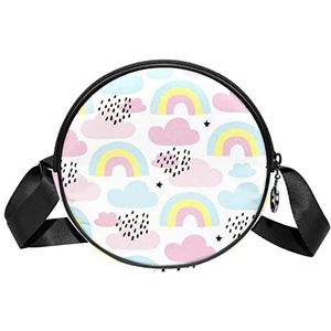 Ronde Crossbody Tas Messenger Bag Purse voor Vrouwen Cartoon Roze Blauw Regenboog Wolk Regenachtig, Meerkleurig, 6.7x6.7x2.3 in, Sling Rugzakken