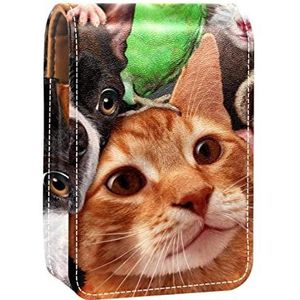 Hond Kat Hamster Budgie Draagbare Lipstick Case voor op reis, Mini Lipstick Opbergdoos met spiegel voor vrouwen dames, Lederen Cosmetische Pouch, Meerkleurig, 9.5x2x7 cm/3.7x0.8x2.7 in