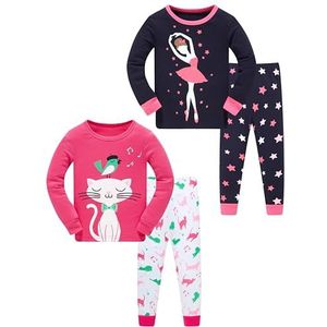 LOLPIP Meisjespyjama, 100% katoen, pyjama voor kinderen, slaapkleding, lange mouwen, 4-delige set, 1-12 jaar, girlballet kat, 5 Jaar