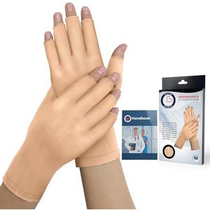 Medisch ontwikkelde uniseks compressie handbrace - katoenen handschoenen zonder vingertoppen - voor artritis, met doktersgids (Beige, open vingers, M)