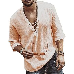 Heren Middeleeuwse Retro Lace-Up V-Hals T-Shirts Katoenen Linnen Tees Mid-Mouwen Effen Kleur Strand Yoga Top Casual Pullover,Apricot,XL