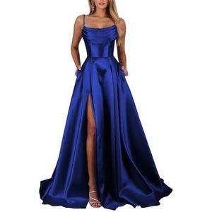 KIYNE Satijnen galajurken voor dames met steekzakken en spaghettibandjes, lange formele avondjurk, koningsblauw, 38