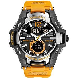 Luxury horloge heren, 50 mwaterbestendige buitensport chronograaf, multifunctioneel analoge digitale militaire led lichtpolspolspola, met date, week, stopwatch, alarm,Oranje