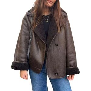CakfLjkhl Dames faux suède jas met sherpa voering, reverskraag, knoopsluiting, lange mouw, warme fleece, zachte buitenlaag,Koffie,L