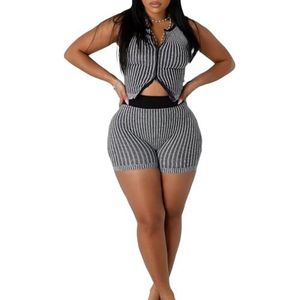 GKEIOSHQIL Korte sets dames 2-delige outfits mouwloze crop top met rits en shorts Slim Fit gestreepte gebreide set,zwart,L