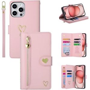 XIMAND voor iPhone 15 Pro Max portemonneehoesje met rits en 3-voudige portemonnee kaarthouder, 9 kaartsleuven grote capaciteit en liefde meisjesachtig schattig modieus patroon (roze)
