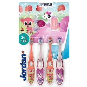 Jordan ® Step 2 Kindertandenborstel, tandenborstel voor kinderen van 3 tot 5 jaar, zachte borstelharen, ergonomische en BPA-vrije dubbele handgreep, kleur roze en geel, verpakking van 4 stuks