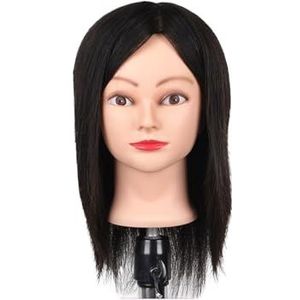 Mannequinhoofd met haar, 100% echt mensenhaar, 10-18'', cosmetologie-mannequinhoofd for stylingoefeningen op een vlechthoofd(12inch Black)